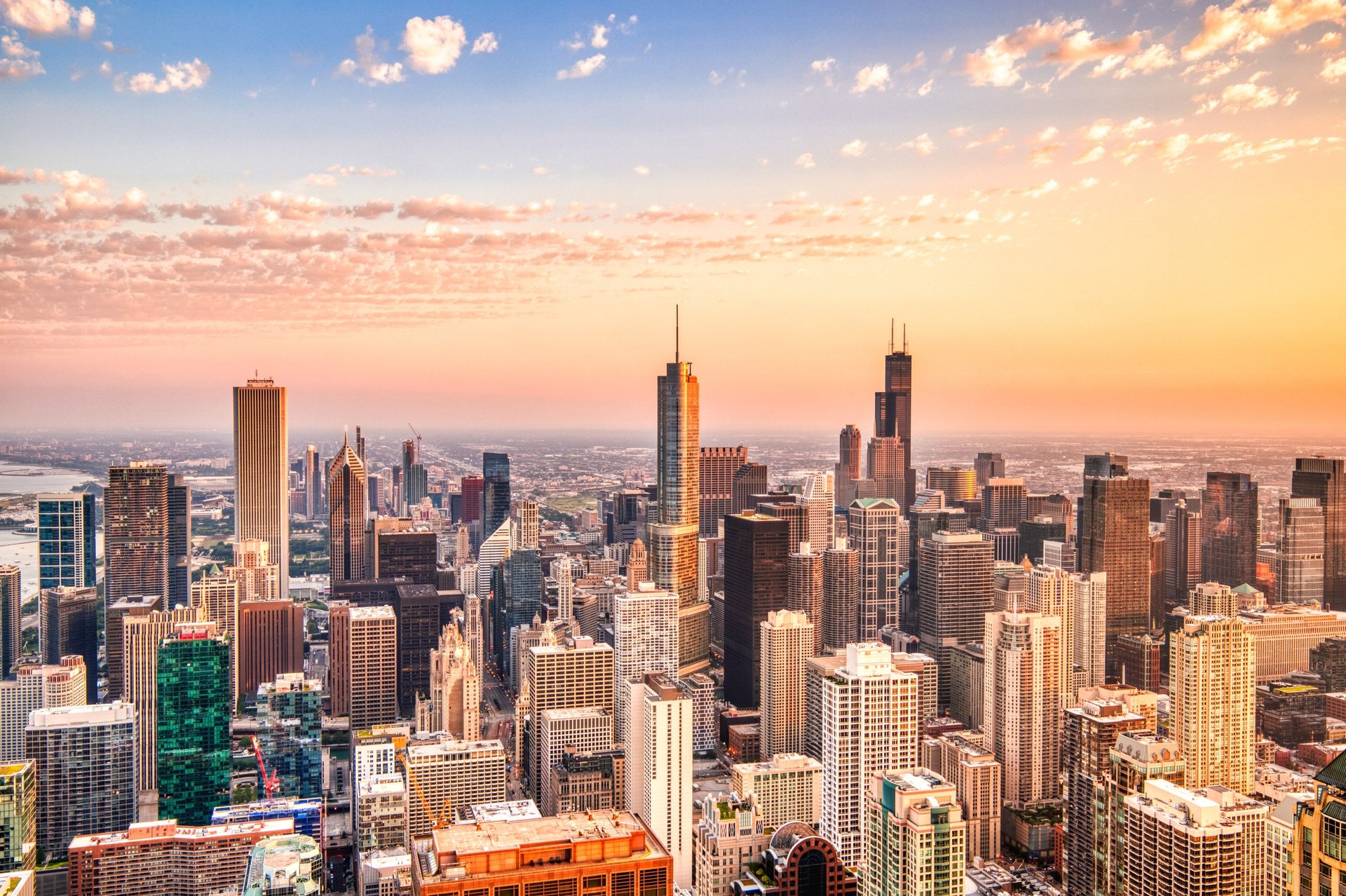 Chicago Aerial Skyline View at Sunset Illinois