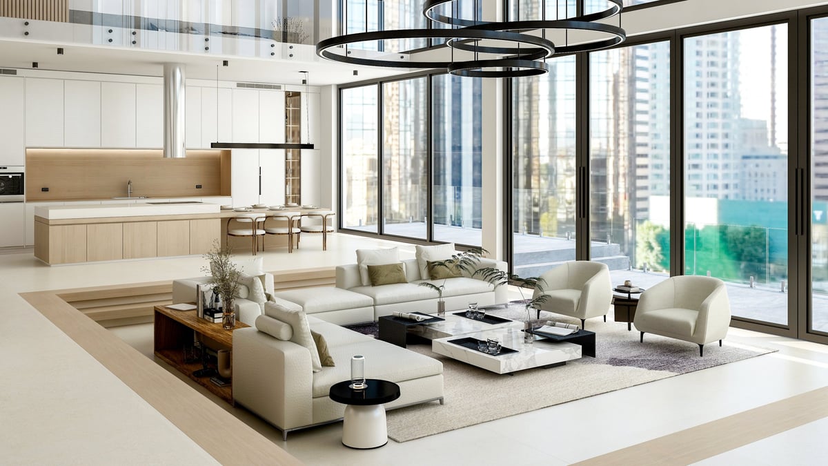 Luxury Modern Loft Interior with Open Space Living Room and Kitchen 3D Rendering